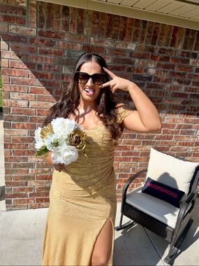 Gold Sequin Formal Gown with Thigh Slit